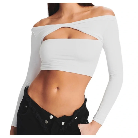 SALE‼️SER.O.YA Ellis Jersey Crop Top Sz S White Cutout Twist Front Long Sleeve - Picture 1 of 6